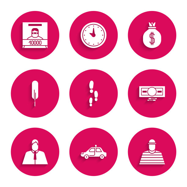 设置脚步，警车和闪光灯，囚犯，堆栈纸币现金，律师，律师，法学家，羽毛笔，钱袋和通缉海报图标。向量图片下载