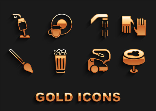 设置满垃圾桶，橡胶手套，桌布上的污渍，吸尘器，处理扫帚，淋浴头和洗碗图标。向量图片下载