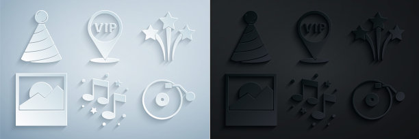 设置音乐笔记，音调，烟花，照片，黑胶播放器与磁盘，位置Vip和派对帽子图标。向量图片下载