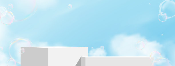 天蓝，云的背景，白色的讲台平台与3d彩虹气泡，矢量最小显示与肥皂泡沫球或洗发水夏季，春季产品演示，网页横幅设计图片下载