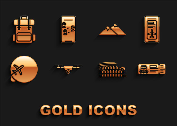 集无人机飞行与行动摄像机，游轮旅行，罗马竞技场，意大利，环球飞机，山脉，徒步旅行背包和信息图的城市地图导航图标。向量图片下载