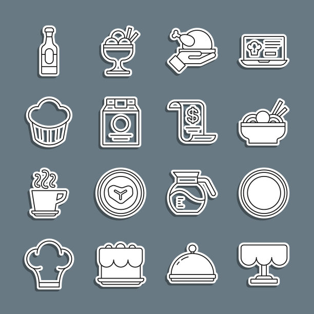 木桌，盘子，亚洲面碗，烤火鸡或烤鸡，在线订购和配送，纸杯蛋糕，酒瓶和纸质财务检查图标。向量图片下载