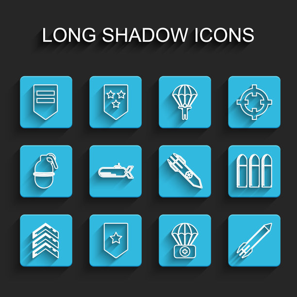 设置线军衔，雪佛龙，降落伞与急救箱，火箭，潜艇，子弹和核火箭图标。向量图片下载