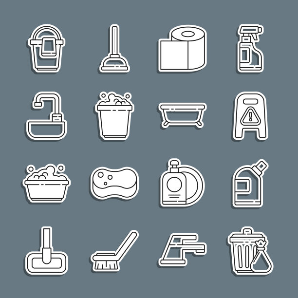 设置线路垃圾桶和垃圾袋，瓶子清洗剂，湿地进度，卫生纸卷，桶与肥皂泡沫，洗脸盆水龙头，抹布和浴缸图标。向量图片下载