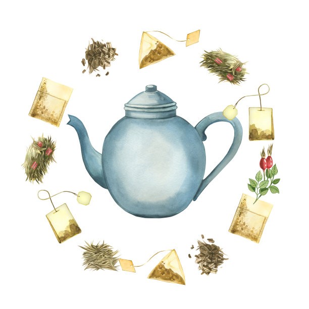 水彩插图。茶壶泡茶，茶包，茶叶，茶叶，玫瑰果，茶叶过滤器。所有产品均为手绘水彩画。用于产品包装、厨房上的印刷图片下载