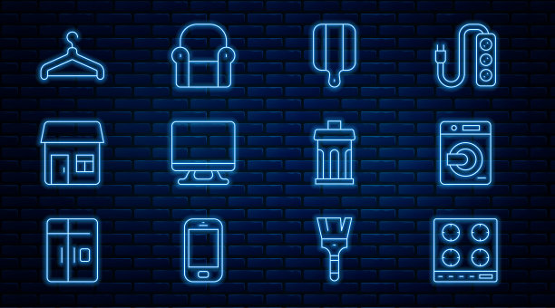 设置线路煤气炉，洗衣机，砧板，智能电视，房子，衣架衣柜，垃圾桶和扶手椅图标。向量图片下载