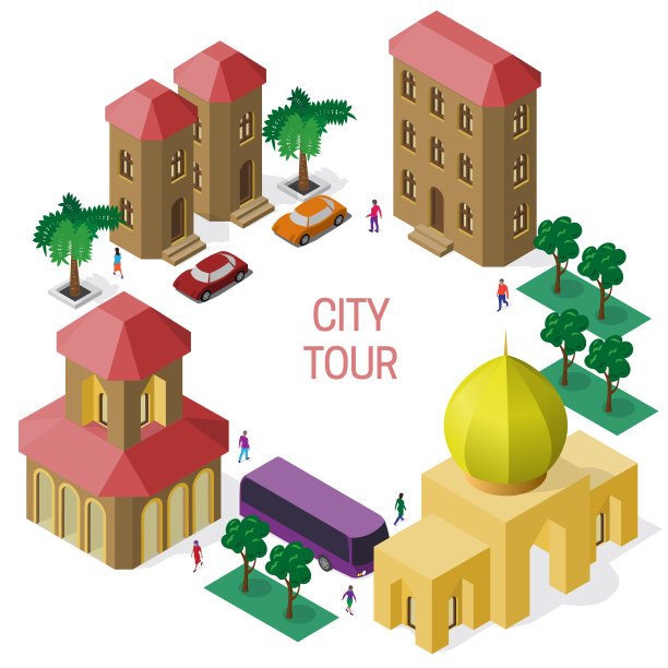 等距建筑、树木、车辆和人的三维框架。一组对象，中间的文本为空白。对封面设计很有帮助。图片下载