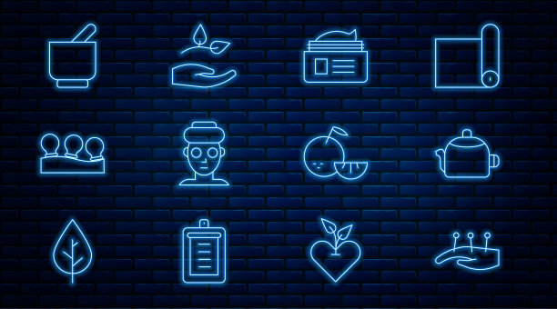 针灸疗法，带柄水壶，药膏膏管，面膜，真空罐，臼杵，柑橘类水果和叶子图标。向量图片下载