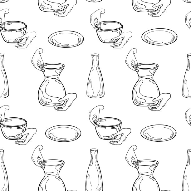 妇女手中捧着陶罐墨迹，手绘轮廓无缝花纹。两只手制作的陶瓷锅涂成黑白矢量背景。陶器花瓶和人的手指轮廓图片下载