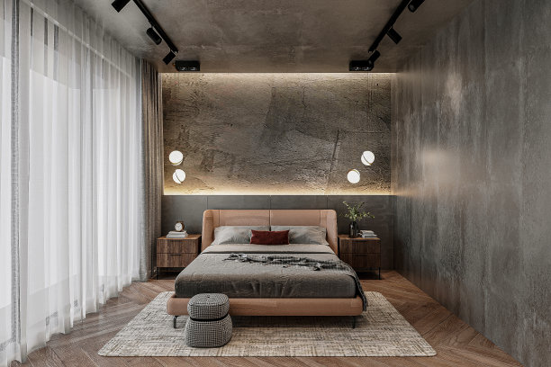 豪华舒适的卧室室内设计，灰色舒适的床，灰色墙壁大理石纹理和窗户。图片下载