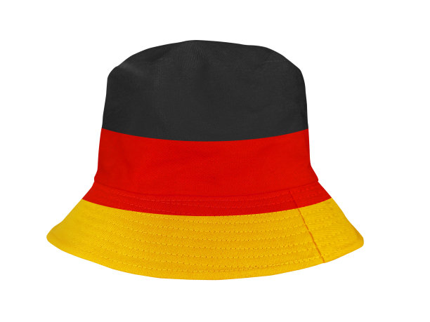 黄色，红色，黑色的水桶帽孤立在白色的背景。图片下载