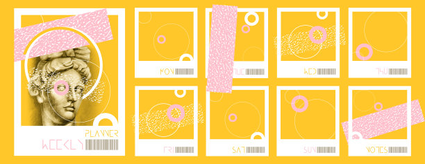 阿波罗雕塑的宝丽来照片在抽象的彩色波普艺术背景。有创意的时尚作家的每周手绘计划。图片下载