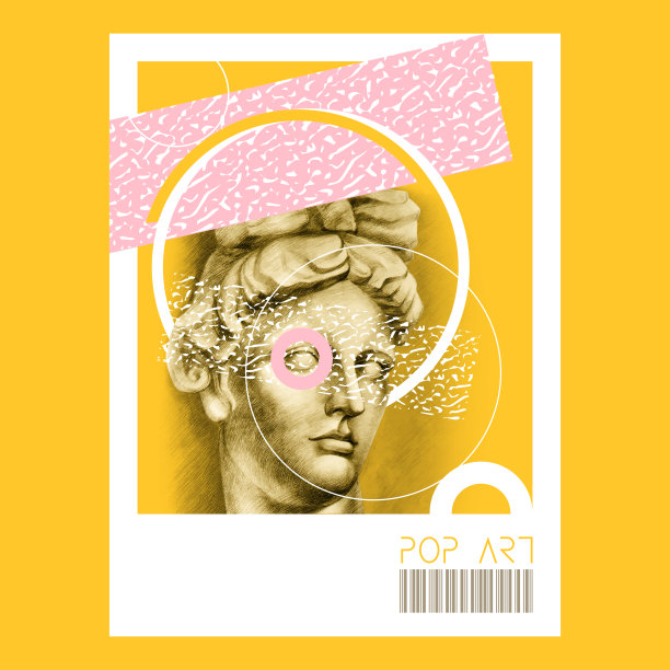 阿波罗雕塑的宝丽来照片在抽象的彩色波普艺术背景。创意时尚的作者手绘插图。图片下载