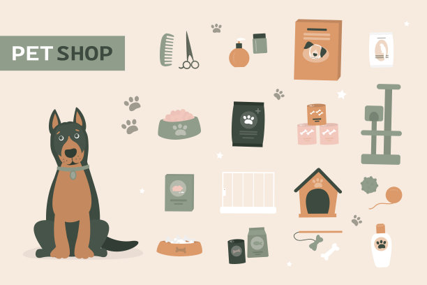 宠物店打折促销海报。宠物店、超市、猫狗砂、房子、游戏树和食品包装。可爱的小狗，各种动物食品图标，图片下载