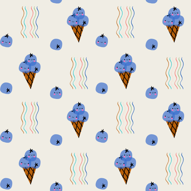 蓝莓冰淇淋。可爱的图案搭配蓝莓和冰淇淋。图片下载