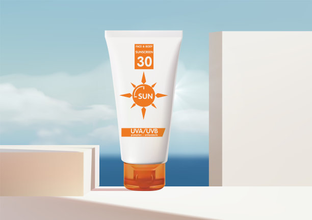 防晒化妆品上方盒和蓝色大海的夏日背景，化妆品产品为奢华美容品牌设计。现实的矢量插图。图片下载