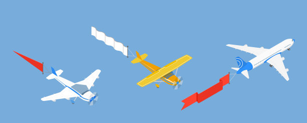 三维等距平面矢量集的飞机在天空与横幅图片下载