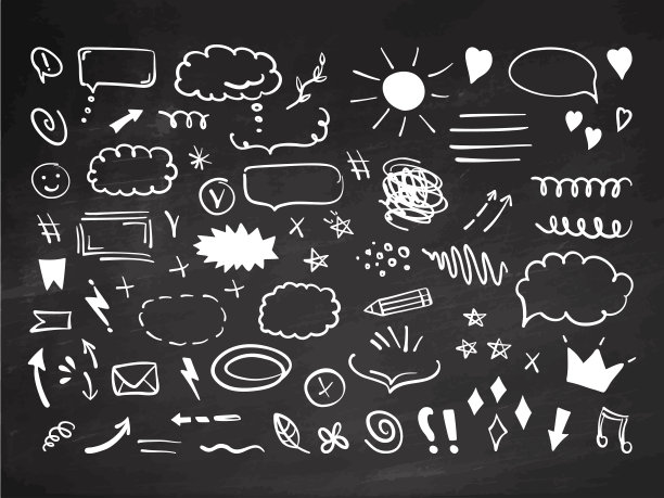 简单的素描线条风格元素。涂鸦可爱的墨水笔线条元素孤立在白色的背景。涂鸦箭头，心，星，装饰符号，图标设置在黑板背景。矢量插图。图片下载