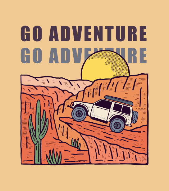 冒险越野车在沙漠地区复古插图t恤徽章贴纸艺术作品图片下载