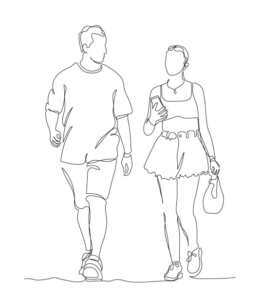 情侣边走边聊。女人在用电话。夏天穿短裤。连续线条绘制。黑白矢量插图在线艺术风格。图片下载