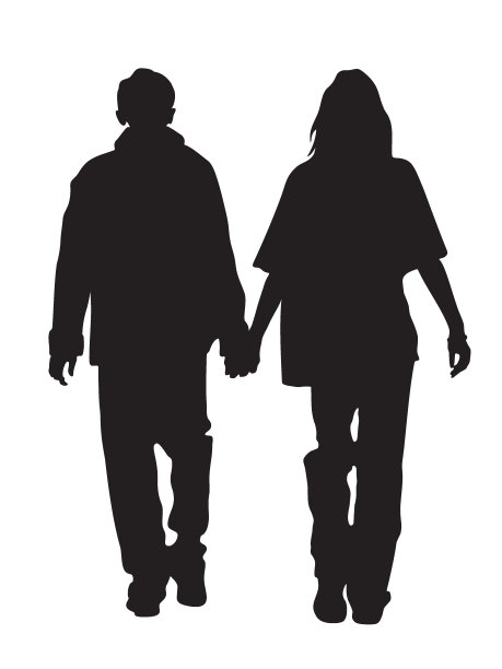 一对情侣手拉手走开的剪影。后视图。黑色矢量插图隔离在白色背景。图片下载