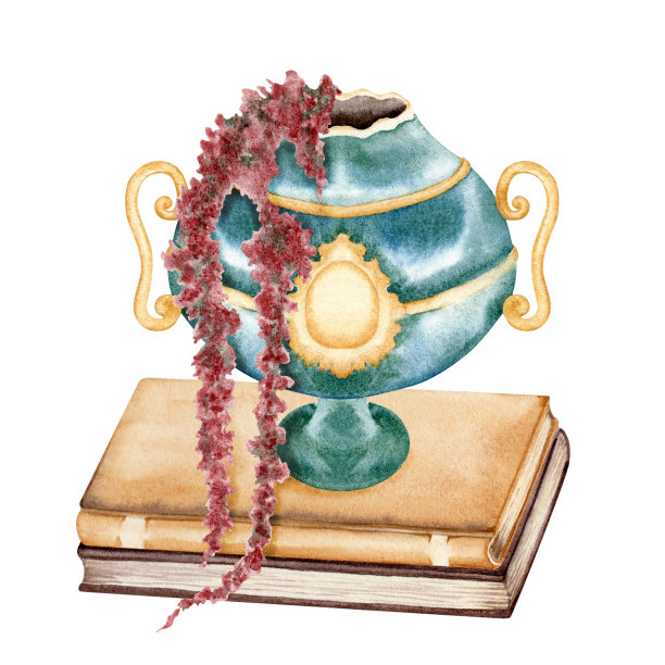 古董花瓶放在一堆旧书上面。复古大理石碗饰以鲜花。手绘水彩插图孤立的白色背景。完美的戏剧主题明信片或海报图片下载