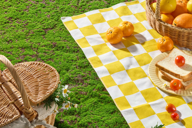 野餐主题照片，绿色草坪上的黄色地毯，两侧装饰着新鲜的水果和蔬菜，中间留出空间展示产品。从上面的视图来看，用于添加文本的空白空间图片下载