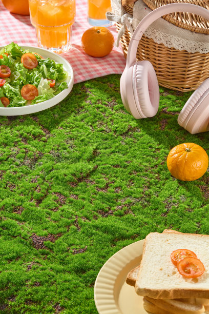 在绿色草地的中心是产品展示的空白空间，周围是一些野餐日必备的物品。高角度拍摄的照片与广告空间图片下载