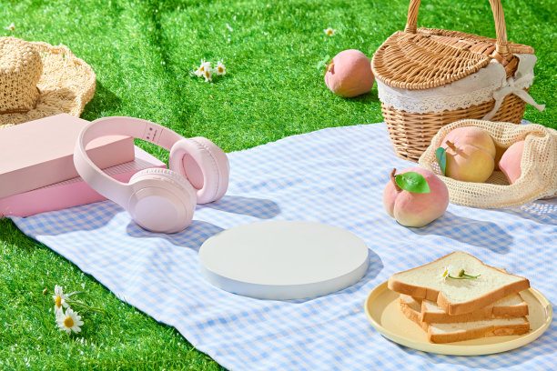 蓝色的野餐垫铺在绿色的草坪上，展示着一个空的展示台，一个三明治盘，一个桃网袋，藤篮，书和耳机。高角度照片，有产品展示空间图片下载