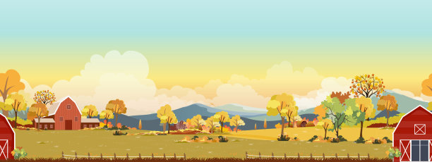 秋季景观与森林树木背景，无缝图案秋季季节山，草地，橙色树叶，云，黄色日落天空，大自然的早晨日出草地，枫树，农田在国家图片下载