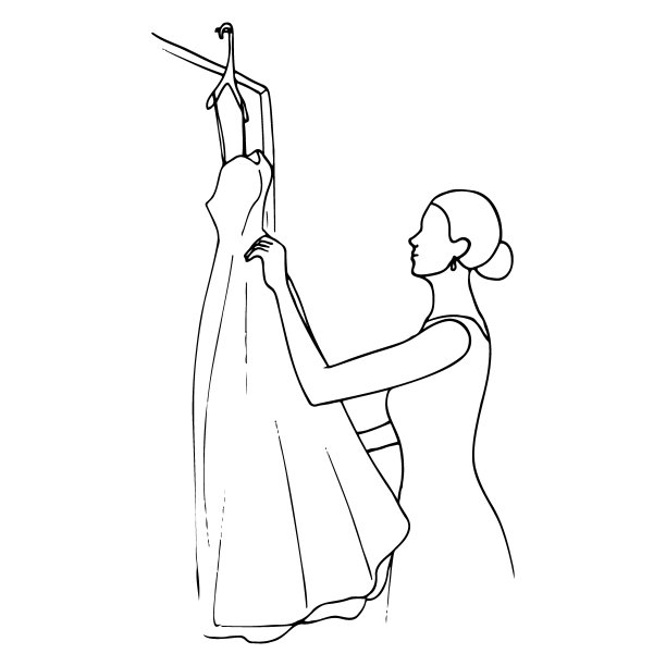 女子正在调整挂在墙上衣架上的婚纱——新娘在婚礼前手绘的涂鸦插画图片下载