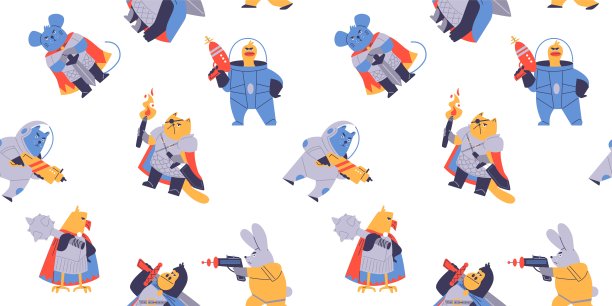 身穿盔甲的动物战士的无缝图案，手中拿着武器:剑和爆能枪。图片下载