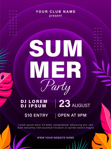 夏季派对传单设计与热带树叶。暑假庆祝活动。海滩派对活动海报模板。向量图片下载