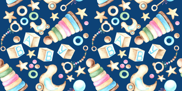 儿童木制玩具，深蓝色背景水彩无缝图案。图片下载