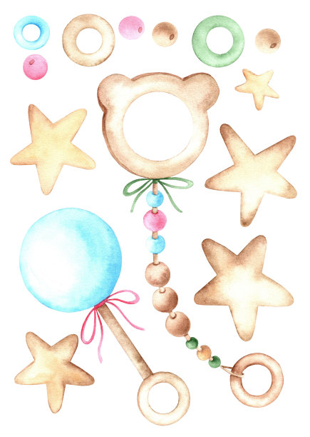 长牙，摇牙，星星，戒指，水槽。水彩插图。图片下载