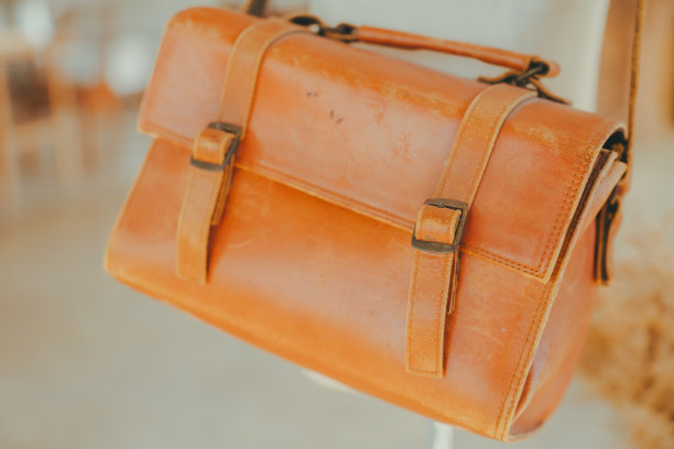 有两个前扣的棕色皮包。图片下载