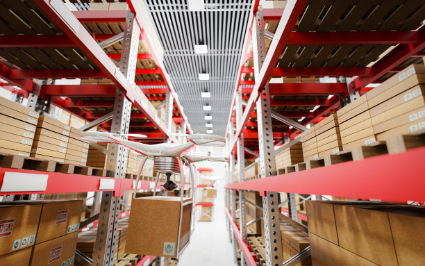 无人机在仓库里运输货物。仓库和货架和托盘上的许多包裹箱。仓库的库存系统。三维渲染图片下载