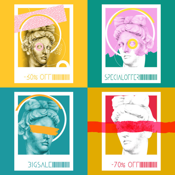 阿波罗雕塑的宝丽来照片在抽象的彩色波普艺术背景。创意手绘折扣海报。图片下载