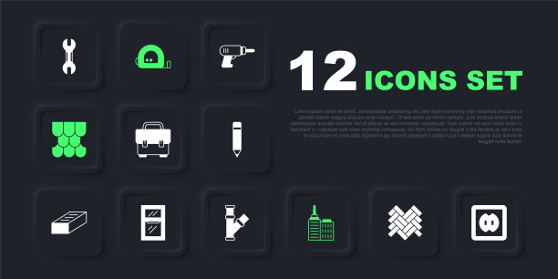 集拼花，插座，工具箱，城市景观，屋顶瓦，房间窗户，轮盘赌建筑和工业金属管道图标。向量图片下载