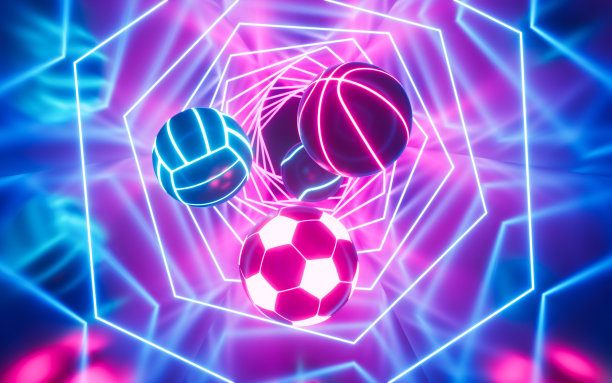 足球、篮球、排球和橄榄球与霓虹灯隧道，3D渲染图片下载