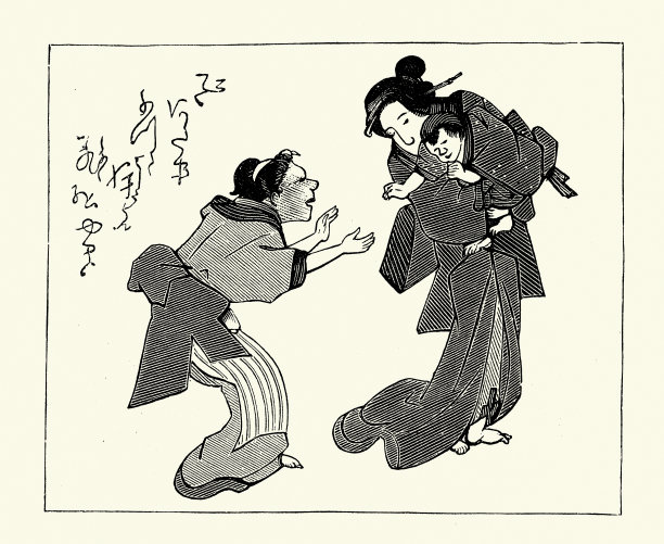 传统日本艺术，祖母，母亲和孩子，维多利亚19世纪风格，复古插图图片下载