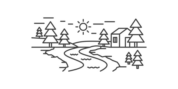 河流乡村景观与松林和房屋在岸边，线图标图片下载