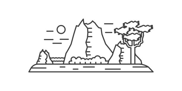 山景，海边的岩石和高大的树木，线条图标图片下载