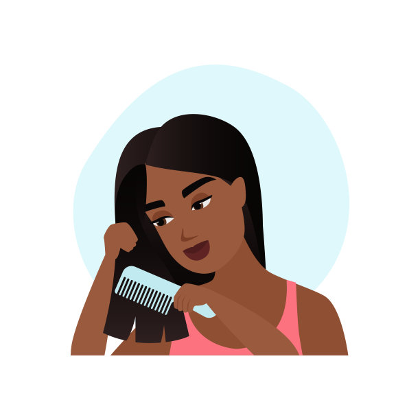 女孩用梳子梳理长长的黑发，护发过程图片下载