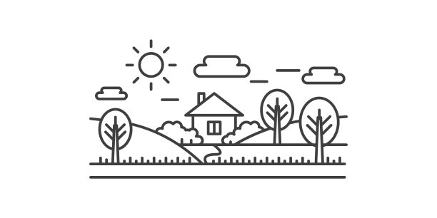 村庄景观有路到农民的房子，穿过有树的田地，行图标图片下载