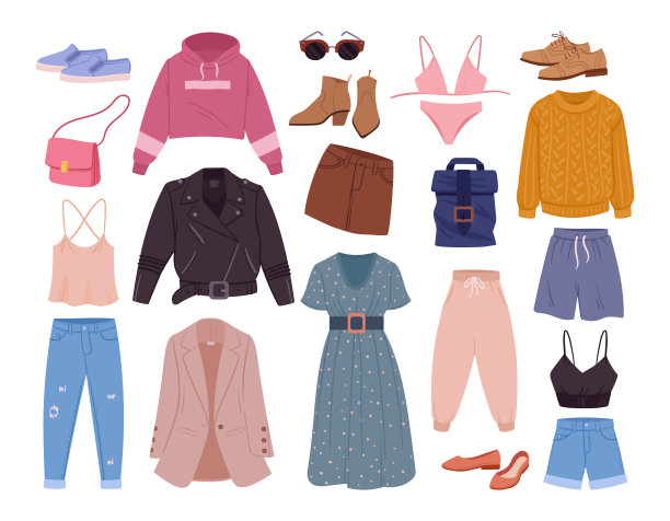 时尚的衣服。卡通服装，牛仔裤，连衣裙和毛衣，男性和女性休闲服装和配件平面矢量插图集。现代服饰系列图片下载