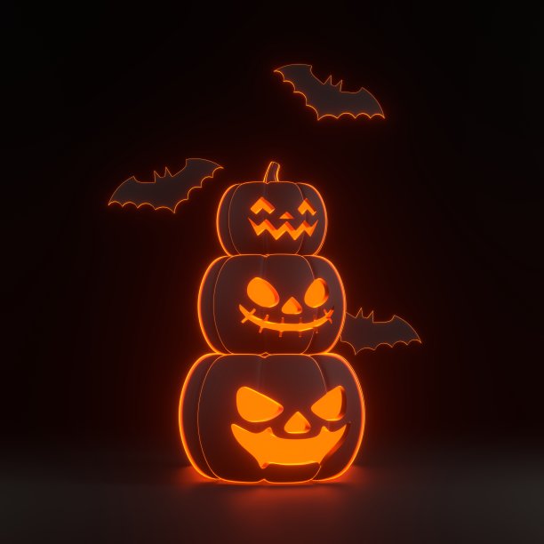 南瓜灯和蝙蝠，黑色背景上的橙色霓虹灯图片下载