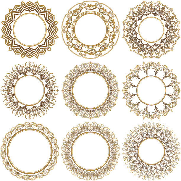 白色背景上的九个圆形金框架的集合。矢量框架的绘画，照片，插图，镜子和铭文。图片下载