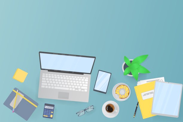 商务、管理、财务及自助办公场所。从上面看。笔记本和办公用品放在桌面上。图片下载