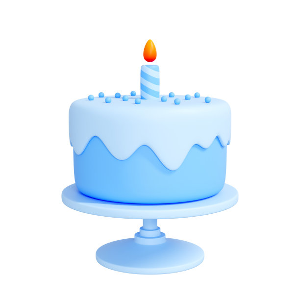 蓝色生日蛋糕与一个单一的点燃蜡烛孤立在白色背景图片下载